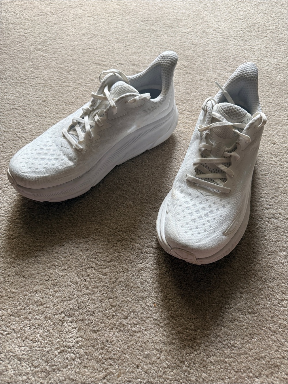 Hoka one one Clifton 9 All-White Cushioned Running Sneakers, worn once